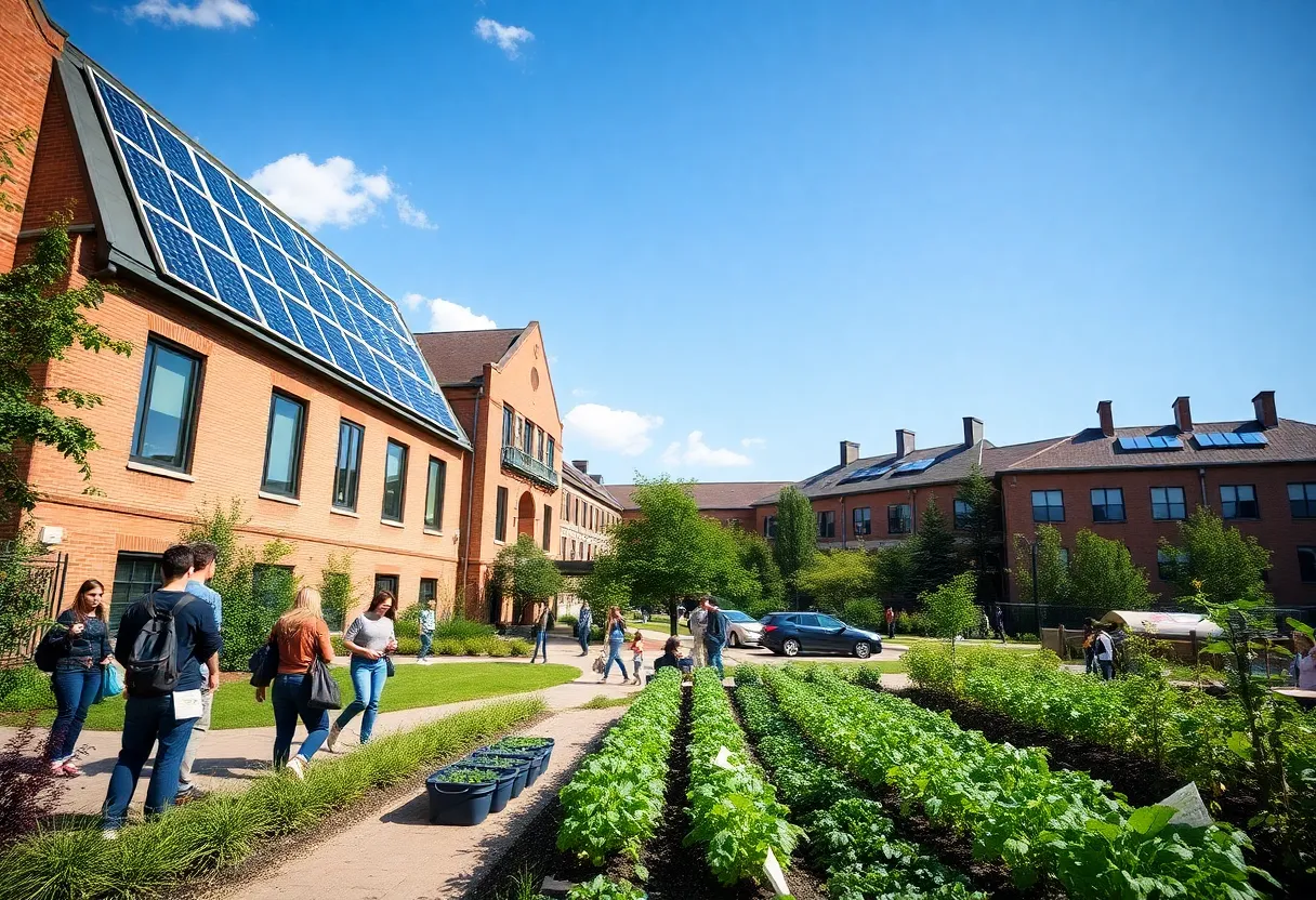 Students participating in sustainability projects at Oklahoma City University with solar panels in the background.