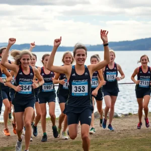 Oklahoma City University women's cross country team celebrates their championship win at Lake Stanley Draper.