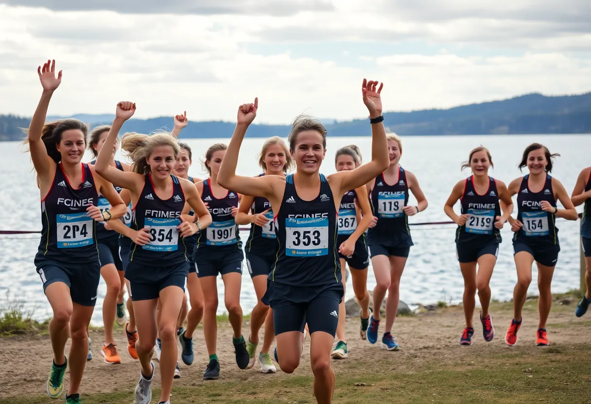 Oklahoma City University women's cross country team celebrates their championship win at Lake Stanley Draper.