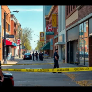 Vandalized storefront in Oklahoma City with police presence