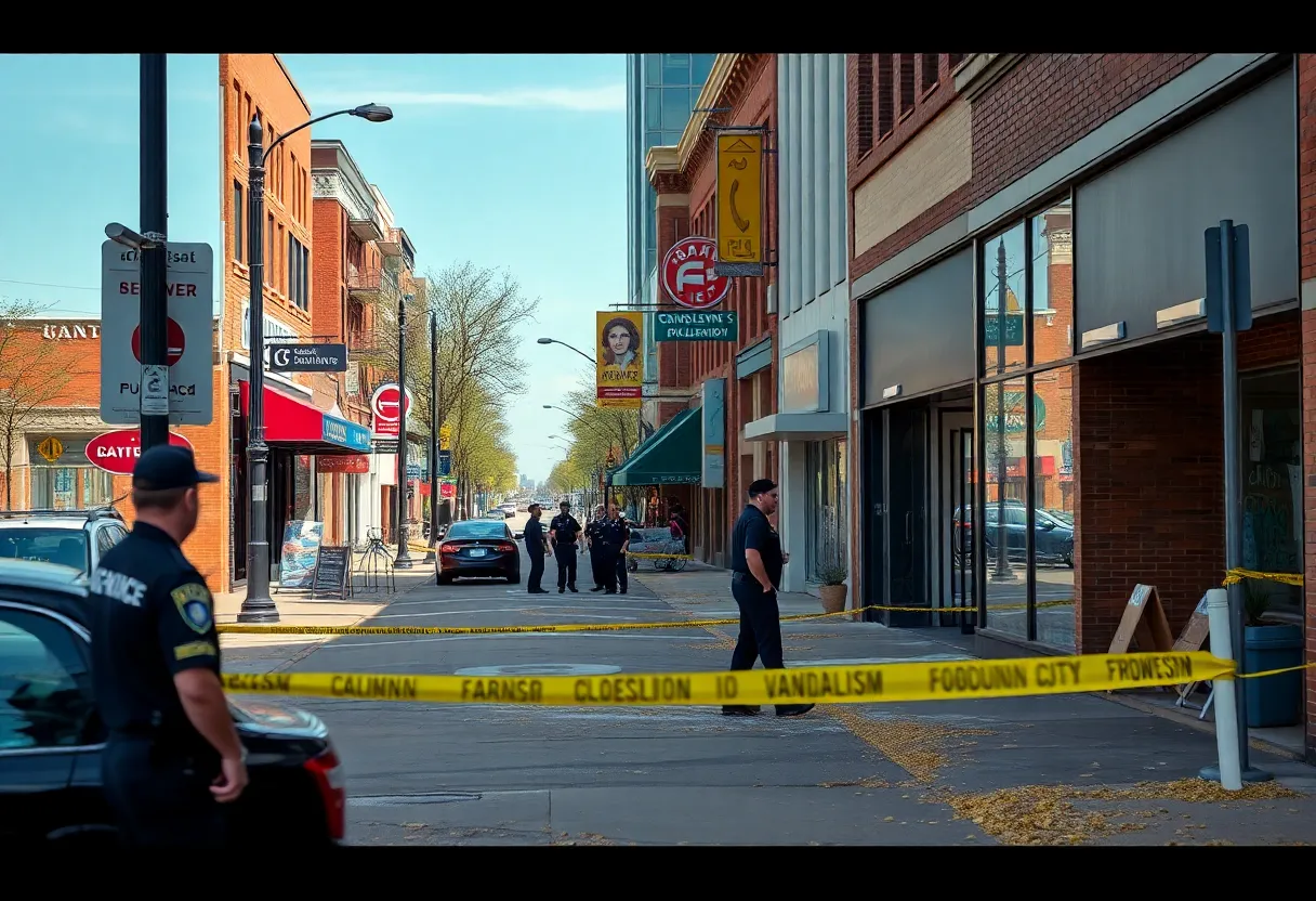 Vandalized storefront in Oklahoma City with police presence