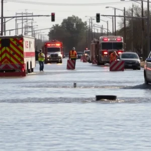 Emergency services managing flooding from a water main break in Oklahoma City.