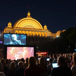 Community gathering at Oklahoma City outdoor film screening with circus performers