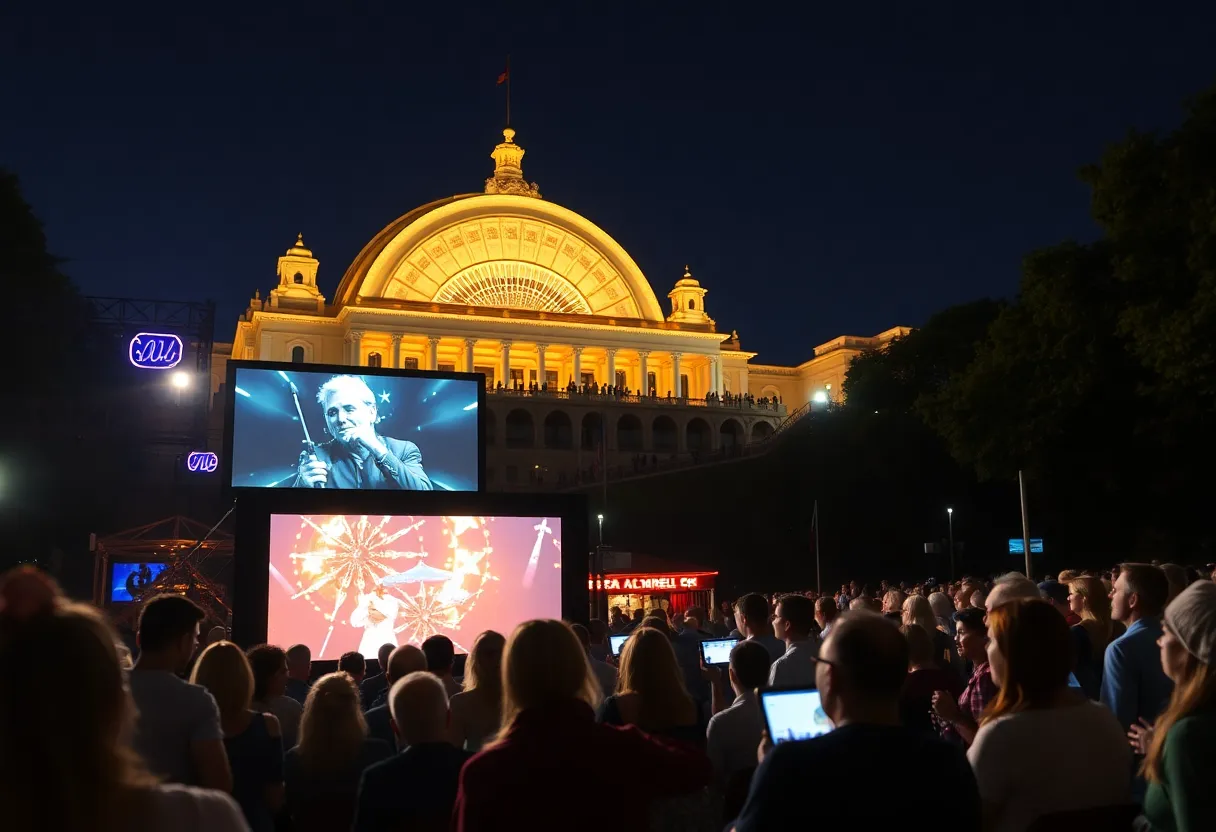 Community gathering at Oklahoma City outdoor film screening with circus performers