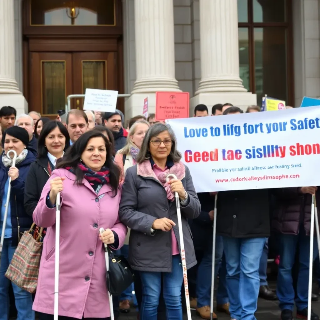 Crowd at Oklahoma City rally with white canes advocating for visually impaired safety.