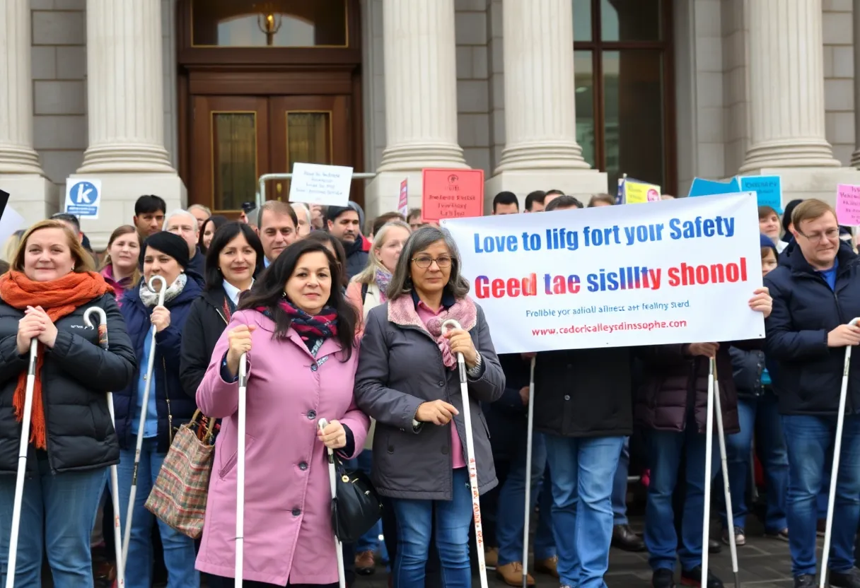 Crowd at Oklahoma City rally with white canes advocating for visually impaired safety.