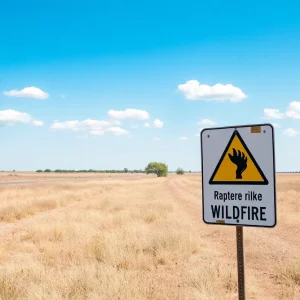 Oklahoma City landscape showing dry grasslands amid wildfire alert.