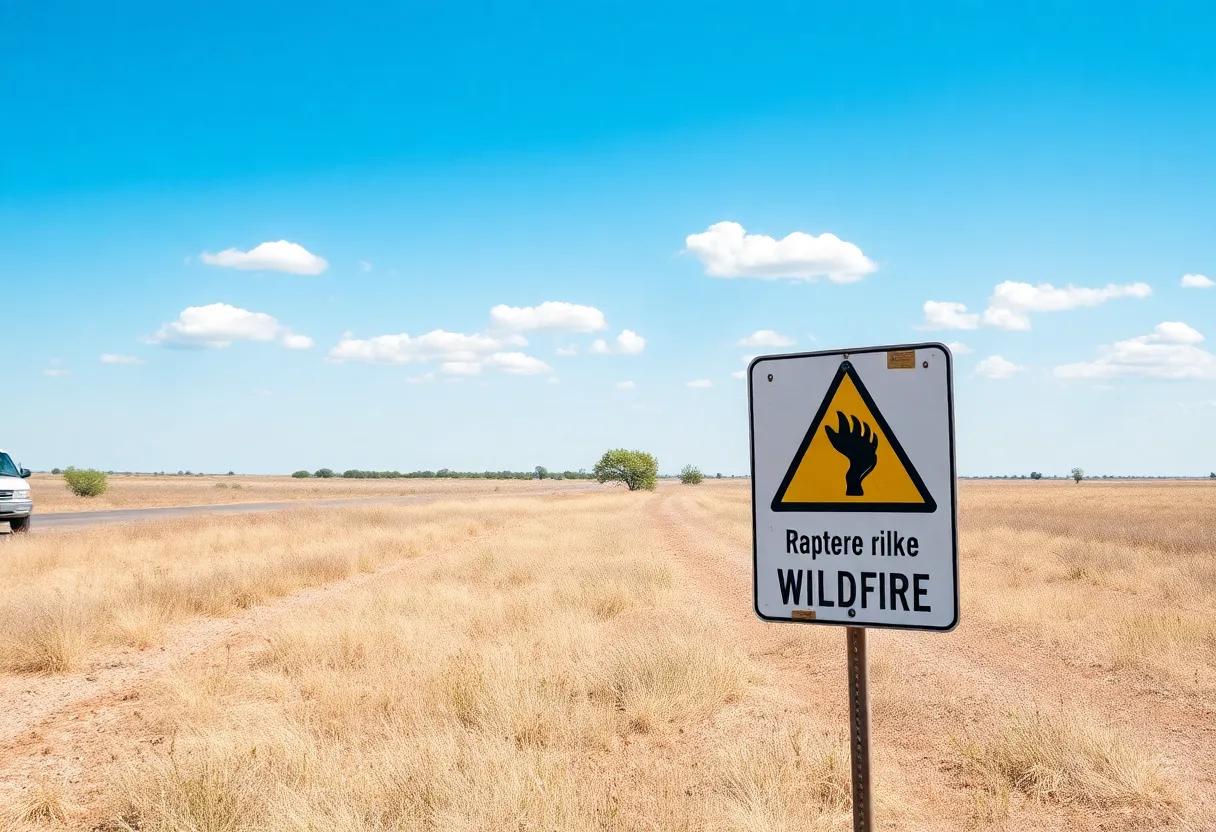 Oklahoma City landscape showing dry grasslands amid wildfire alert.