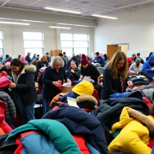Volunteers sorting winter coats at the Oklahoma City winter coat drive