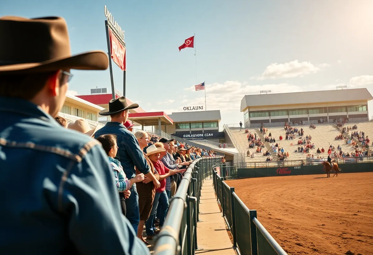 A collage of Oklahoma college athletics events featuring rodeo competitions and modern sports facilities.