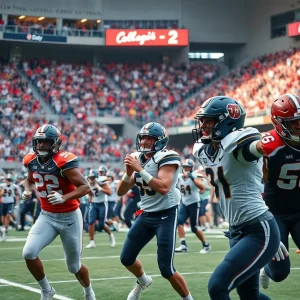 Oklahoma college football players in action during a game.