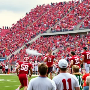 A lively college football game in Oklahoma with players and cheering fans.