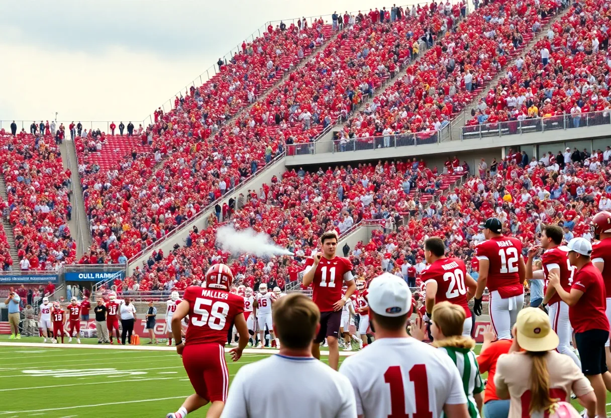 A lively college football game in Oklahoma with players and cheering fans.