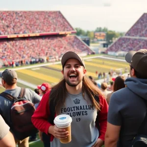 Fans cheering in a packed college football stadium in Oklahoma