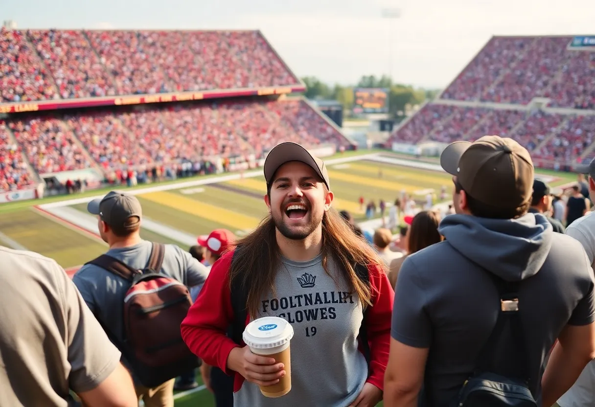 Fans cheering in a packed college football stadium in Oklahoma