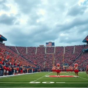 Fans at a college football game cheering for Oklahoma teams