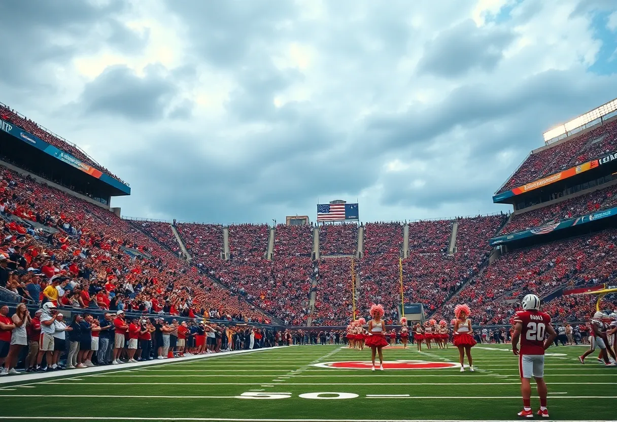 Fans at a college football game cheering for Oklahoma teams