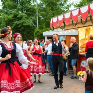 Vibrant scene from the Oklahoma Czech Festival with traditional dancers and food stalls