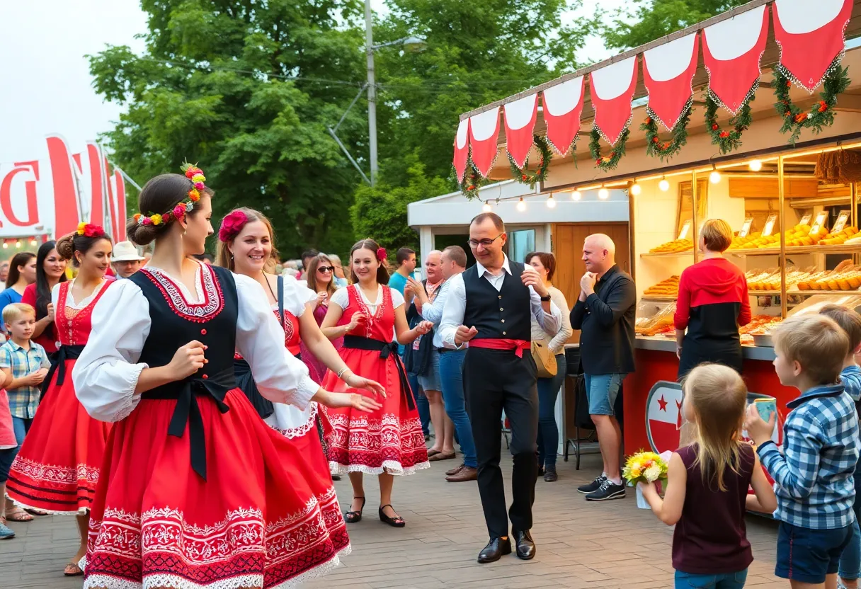 Vibrant scene from the Oklahoma Czech Festival with traditional dancers and food stalls