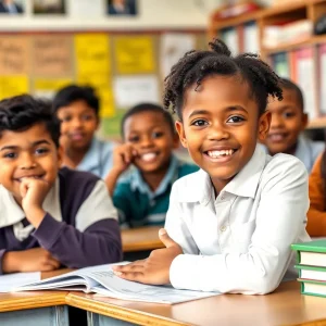 Classroom of diverse students with educational materials