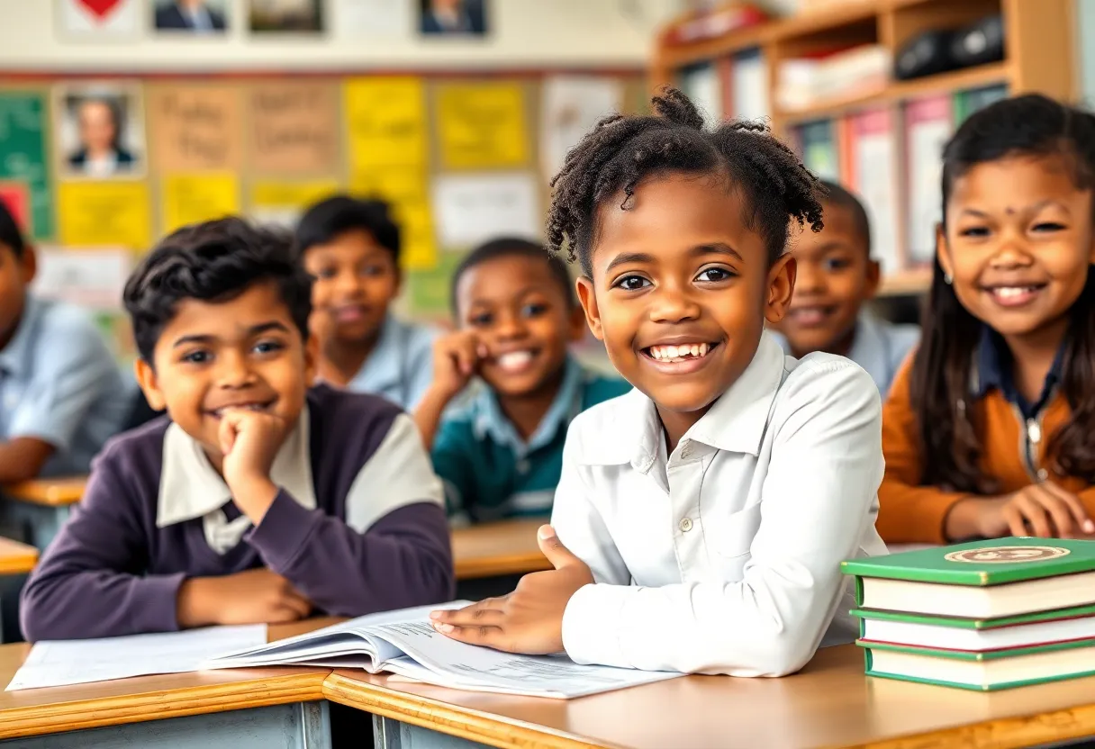 Classroom of diverse students with educational materials
