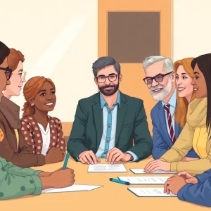 A diverse group of education leaders in a meeting room discussing policies.