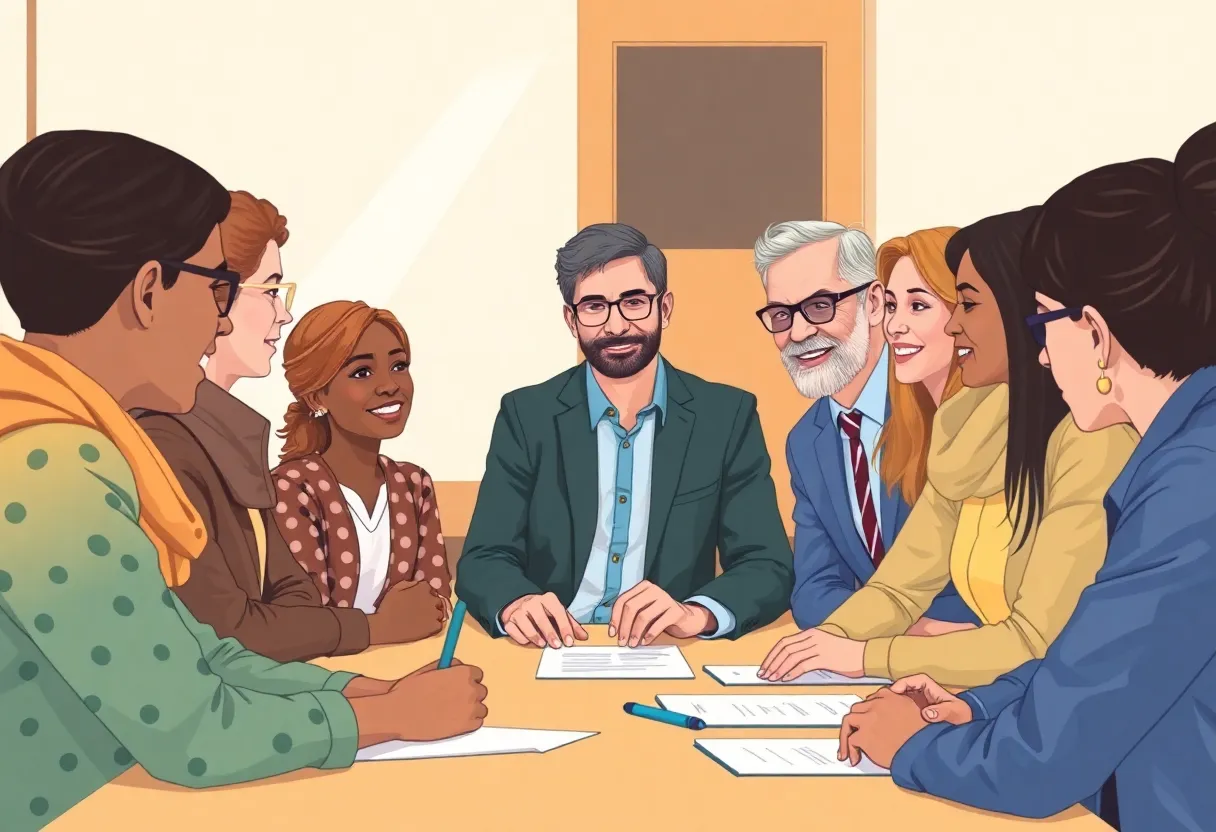 A diverse group of education leaders in a meeting room discussing policies.