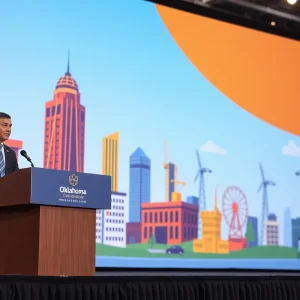 Stage for the press conference in Oklahoma City discussing education and economic reforms.