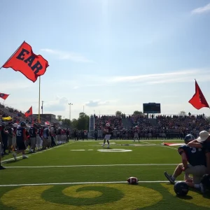 Oklahoma high school football game with players in action and fans cheering.