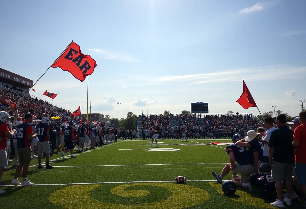 Oklahoma high school football game with players in action and fans cheering.