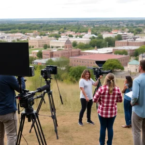 Film crew working on the set in Oklahoma with scenic background