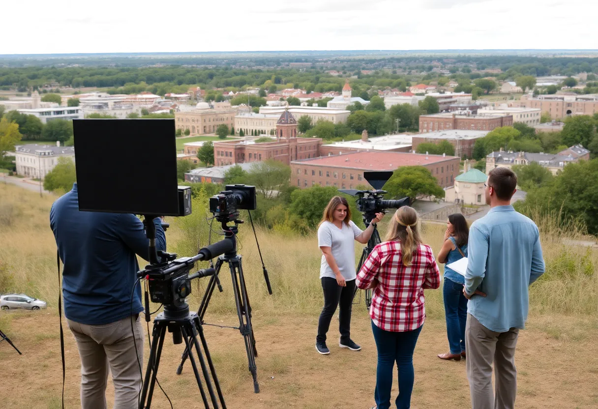 Film crew working on the set in Oklahoma with scenic background