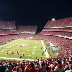 Fans celebrating in a college football stadium during a rivalry game