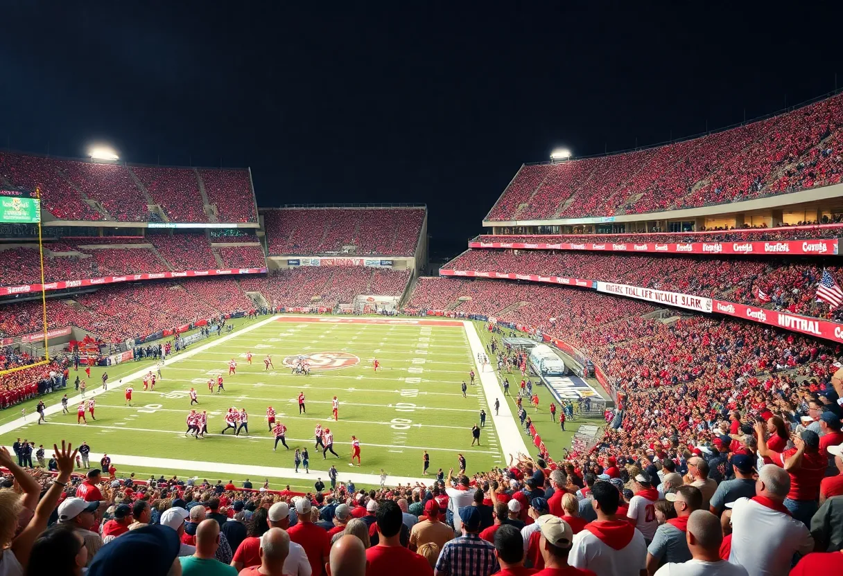 Fans celebrating in a college football stadium during a rivalry game