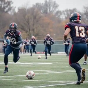 High school football players in action during a game in Oklahoma.