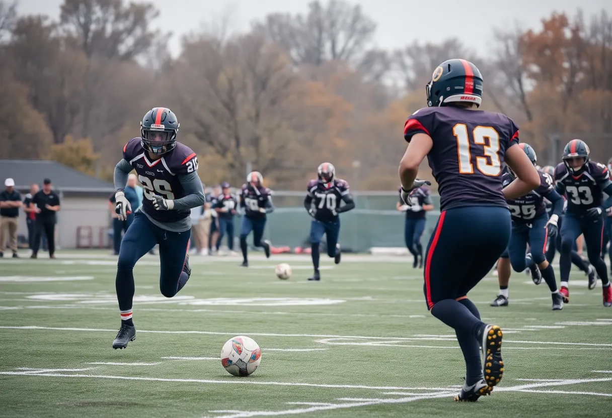 High school football players in action during a game in Oklahoma.
