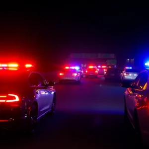 Law enforcement vehicles at night on a highway