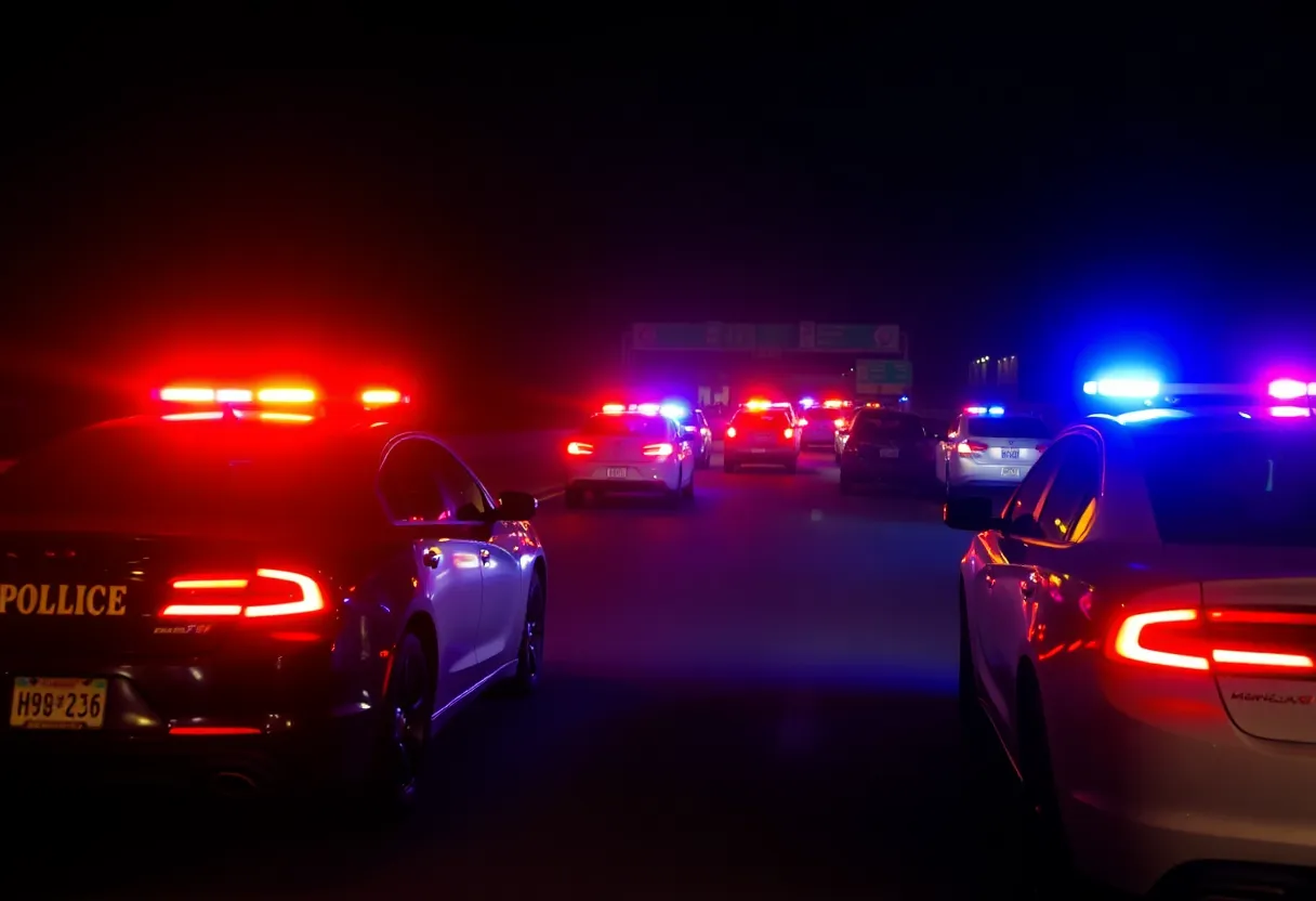 Law enforcement vehicles at night on a highway