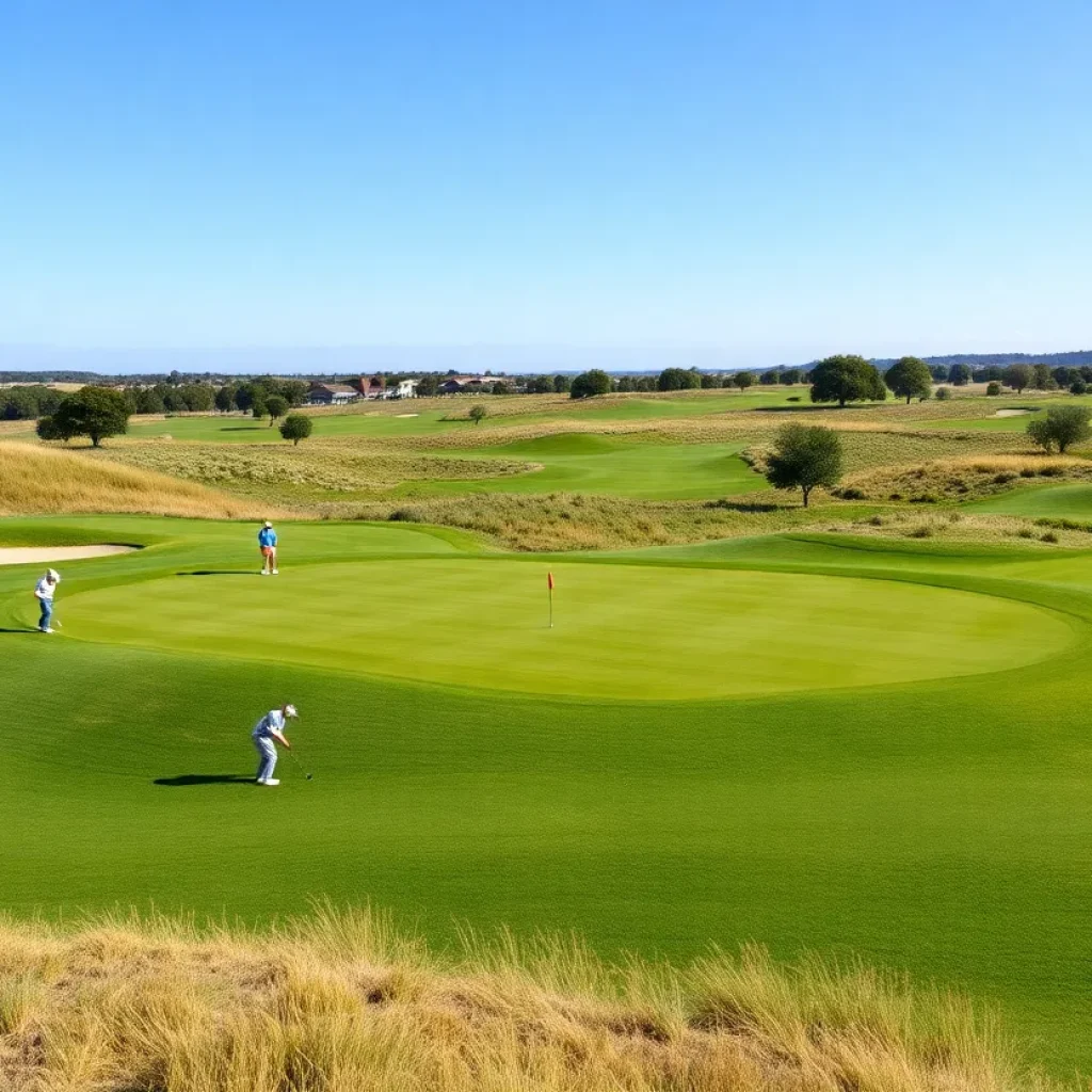 Golfers playing on a beautiful golf course with clear skies during a championship.