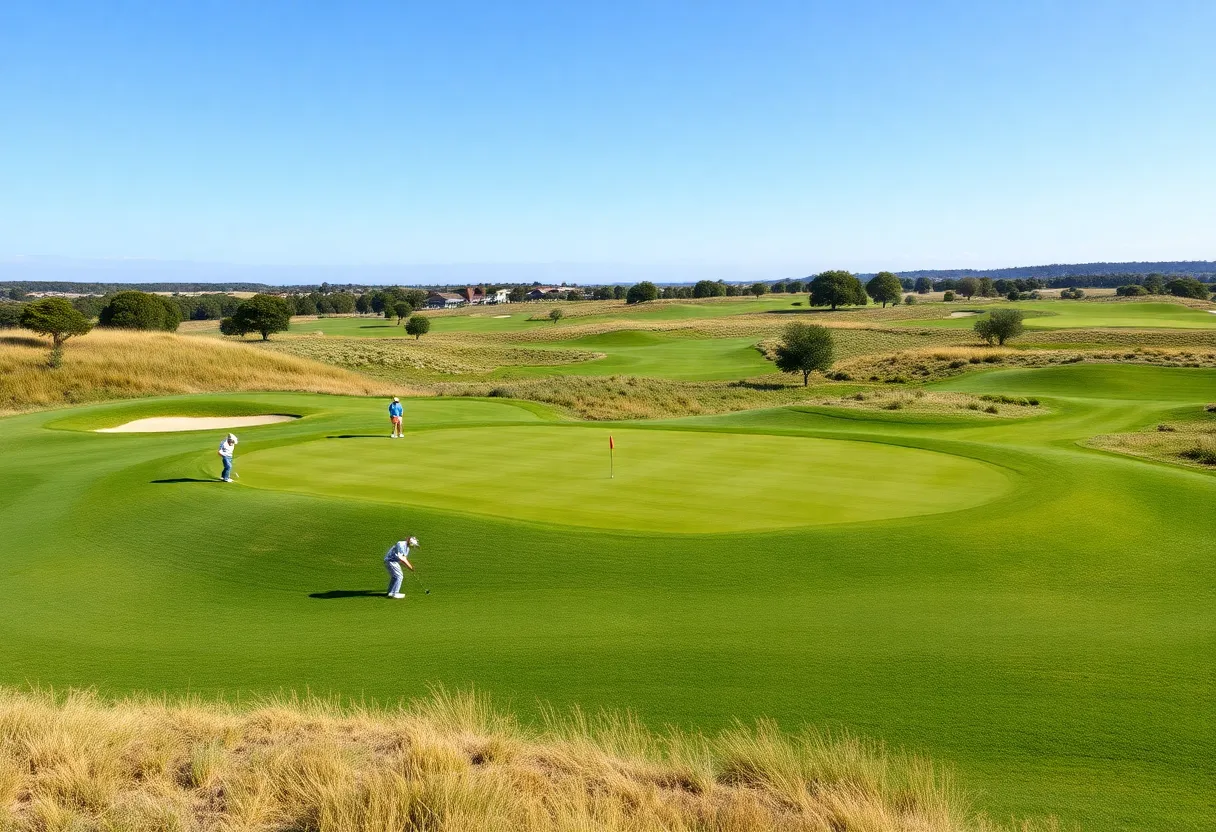 Golfers playing on a beautiful golf course with clear skies during a championship.