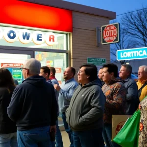 Lottery players waiting in line at a store in Oklahoma City