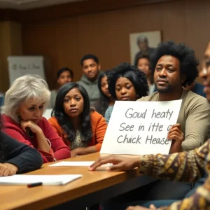 Community meeting discussing child safety and prevention efforts.