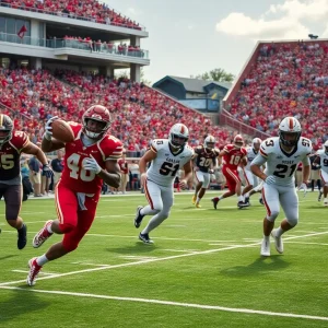 Scene from an Oklahoma Sooners football game, showcasing players and a cheering crowd.