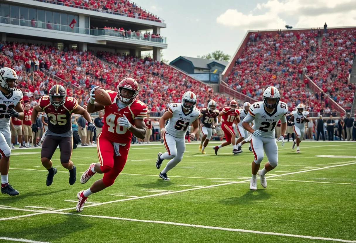 Scene from an Oklahoma Sooners football game, showcasing players and a cheering crowd.