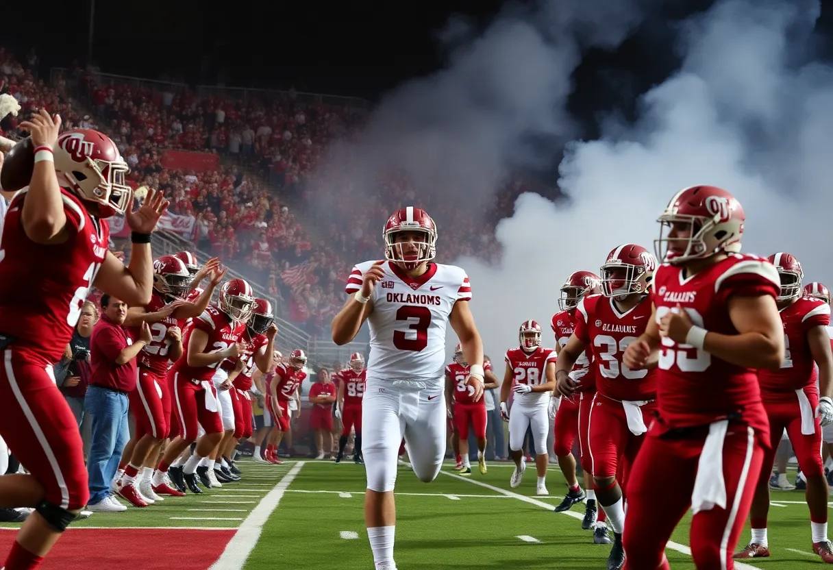 Oklahoma Sooners in action during a football rivalry game