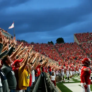 Fans cheering for the Oklahoma Sooners at a college football game