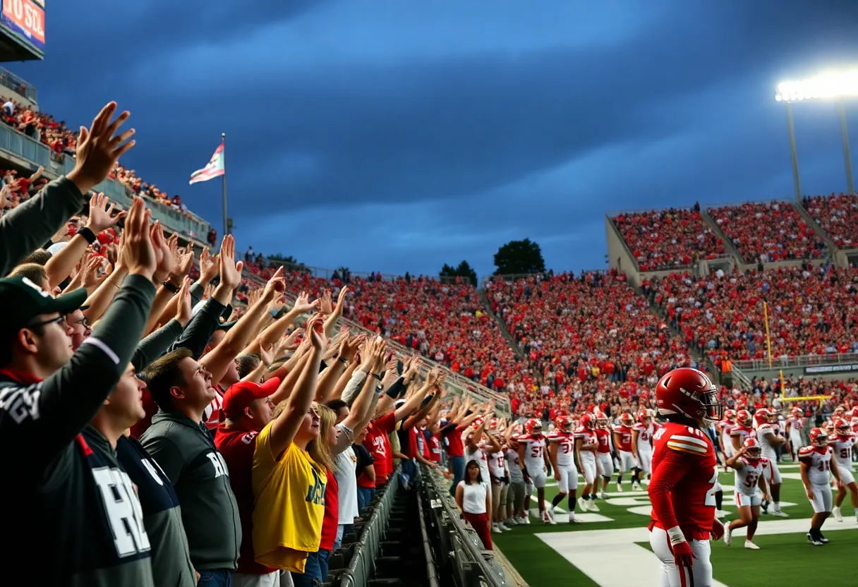 Fans cheering for the Oklahoma Sooners at a college football game