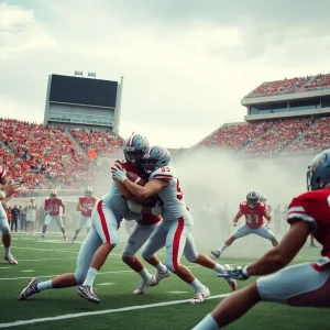 Oklahoma Sooners football players on defense during a game