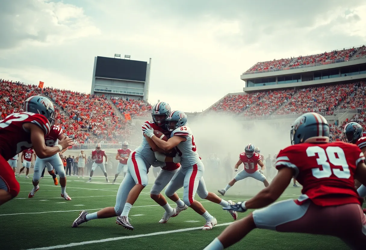 Oklahoma Sooners football players on defense during a game