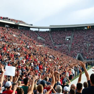 Fans cheering in the Gaylord Family Oklahoma Memorial Stadium after a Sooners touchdown